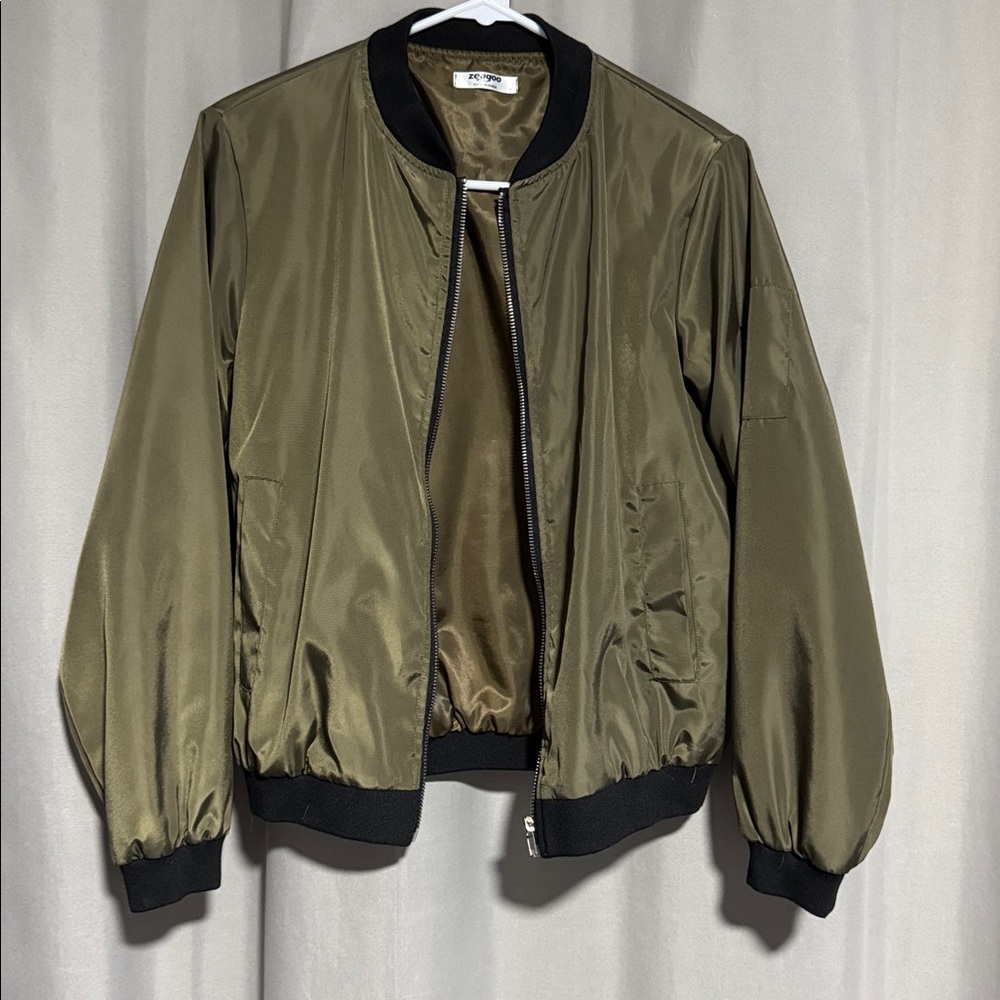 Khaki Bomber Jacket with Black Trim
